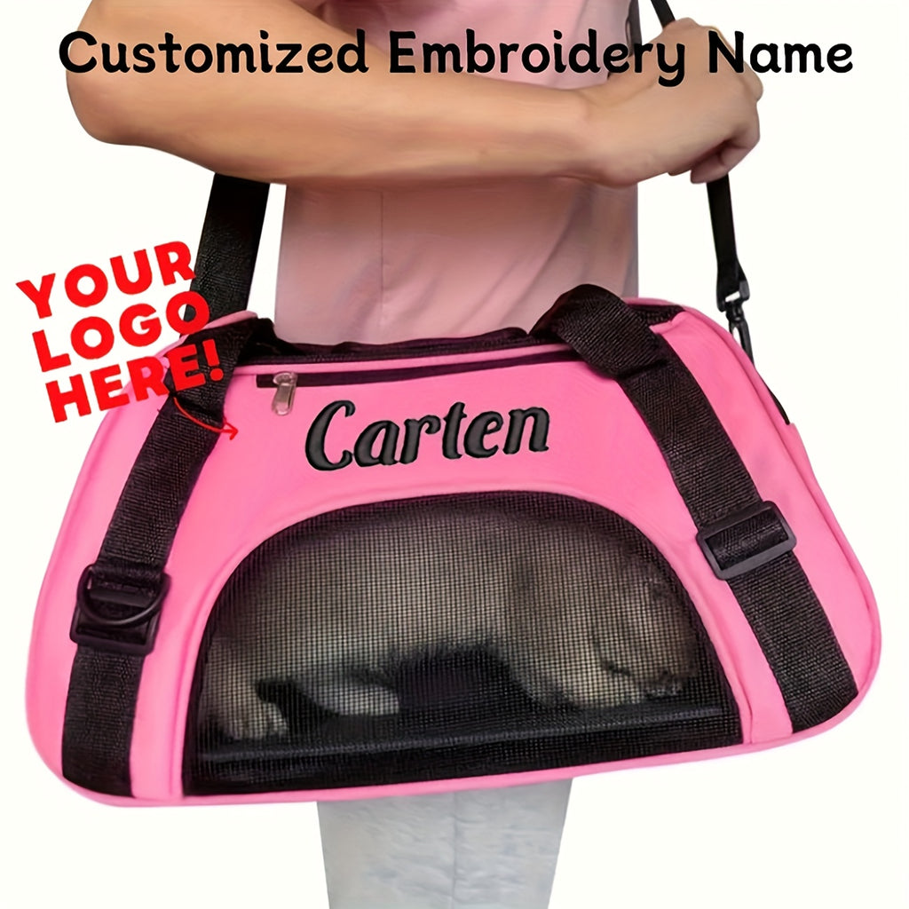 Custom Embroidered Pet Carrier Backpack - Personalized Travel Bag with Ventilation Mesh, Foldable Crossbody Design & Durable Polyester for Cats & Small Dogs Petforpets