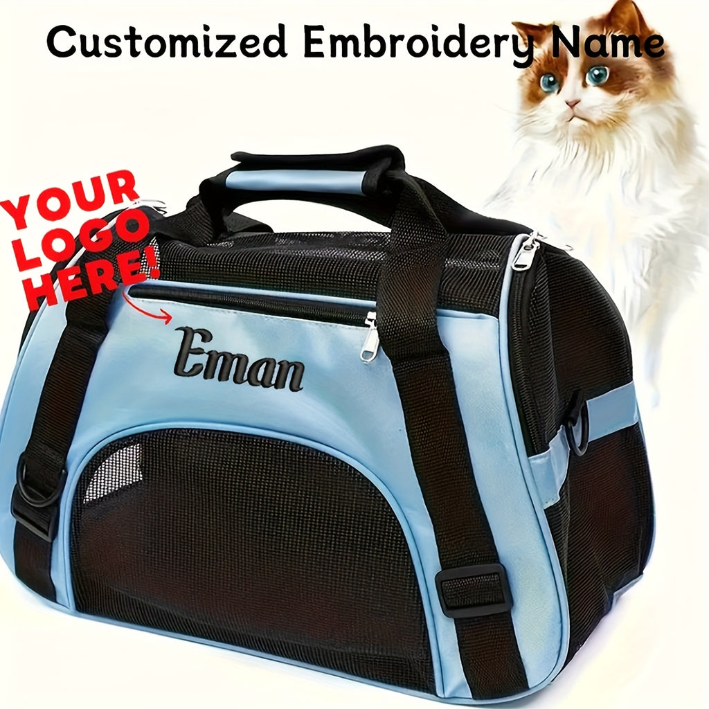 Custom Embroidered Pet Carrier Backpack - Personalized Travel Bag with Ventilation Mesh, Foldable Crossbody Design & Durable Polyester for Cats & Small Dogs Petforpets