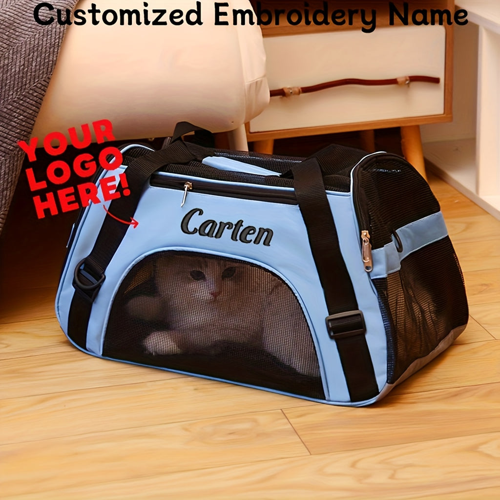 Custom Embroidered Pet Carrier Backpack - Personalized Travel Bag with Ventilation Mesh, Foldable Crossbody Design & Durable Polyester for Cats & Small Dogs Petforpets