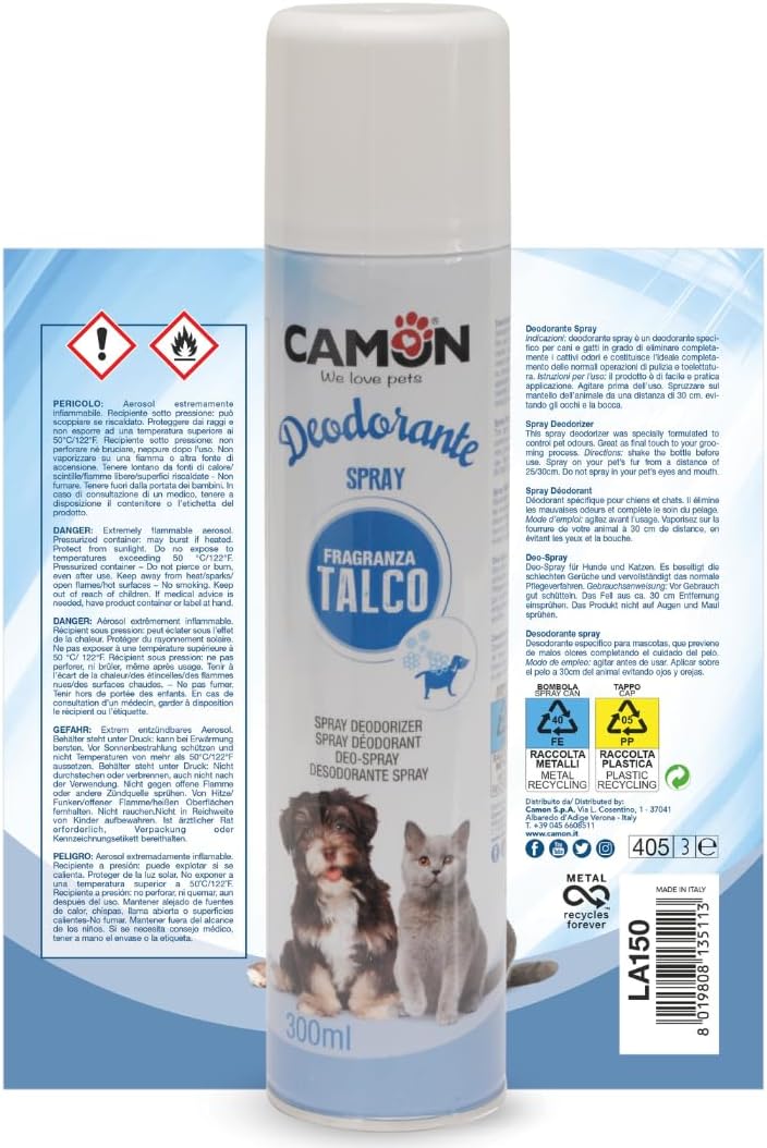 CAMON | Deodorante Spray al Talco per Cani e Gatti, 300ml, Elimina Cattivi Odori, Facile Applicazione