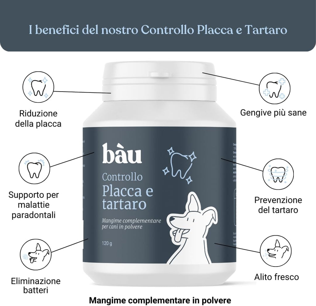 bàu Cosmesi Cane Placca e Tartaro, Polvere Denti Cane Appetibile, Integratore Naturale Migliora l'Alito Cane, Polvere Denti Cane e Gatto con Alga Ascophyllum, Rimedio per Puliza Denti Cane - 150g