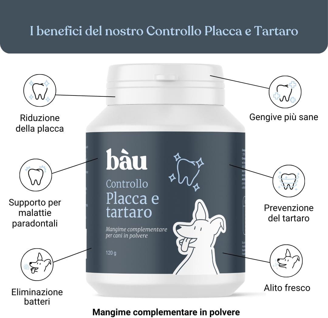 bàu Cosmesi Cane Placca e Tartaro, Polvere Denti Cane Appetibile, Integratore Naturale Migliora l'Alito Cane, Polvere Denti Cane e Gatto con Alga Ascophyllum, Rimedio per Puliza Denti Cane - 150g